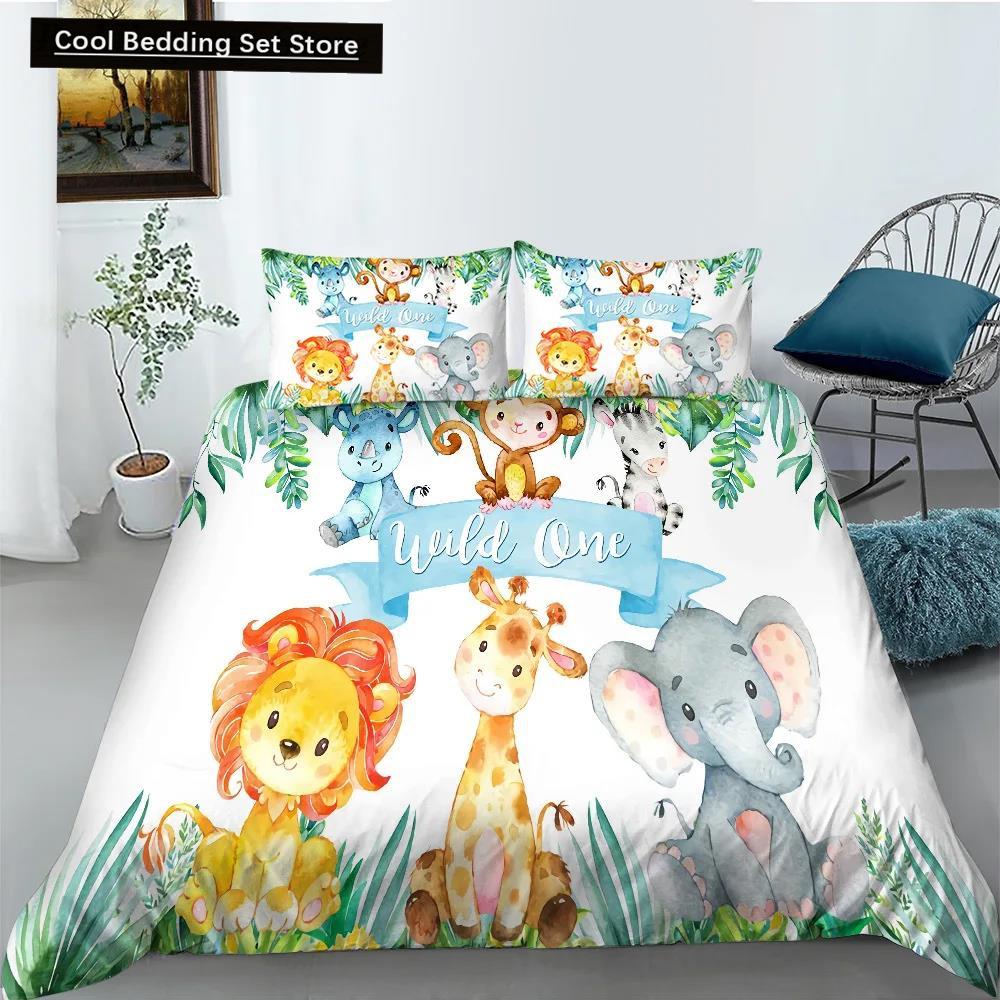 Cartoon Animal Happy Birthday King Queen Duvet Cover Cute Lion Bedding Set Kids Boys Girls Elephant 2/3Pcs Polyester Quilt Cover