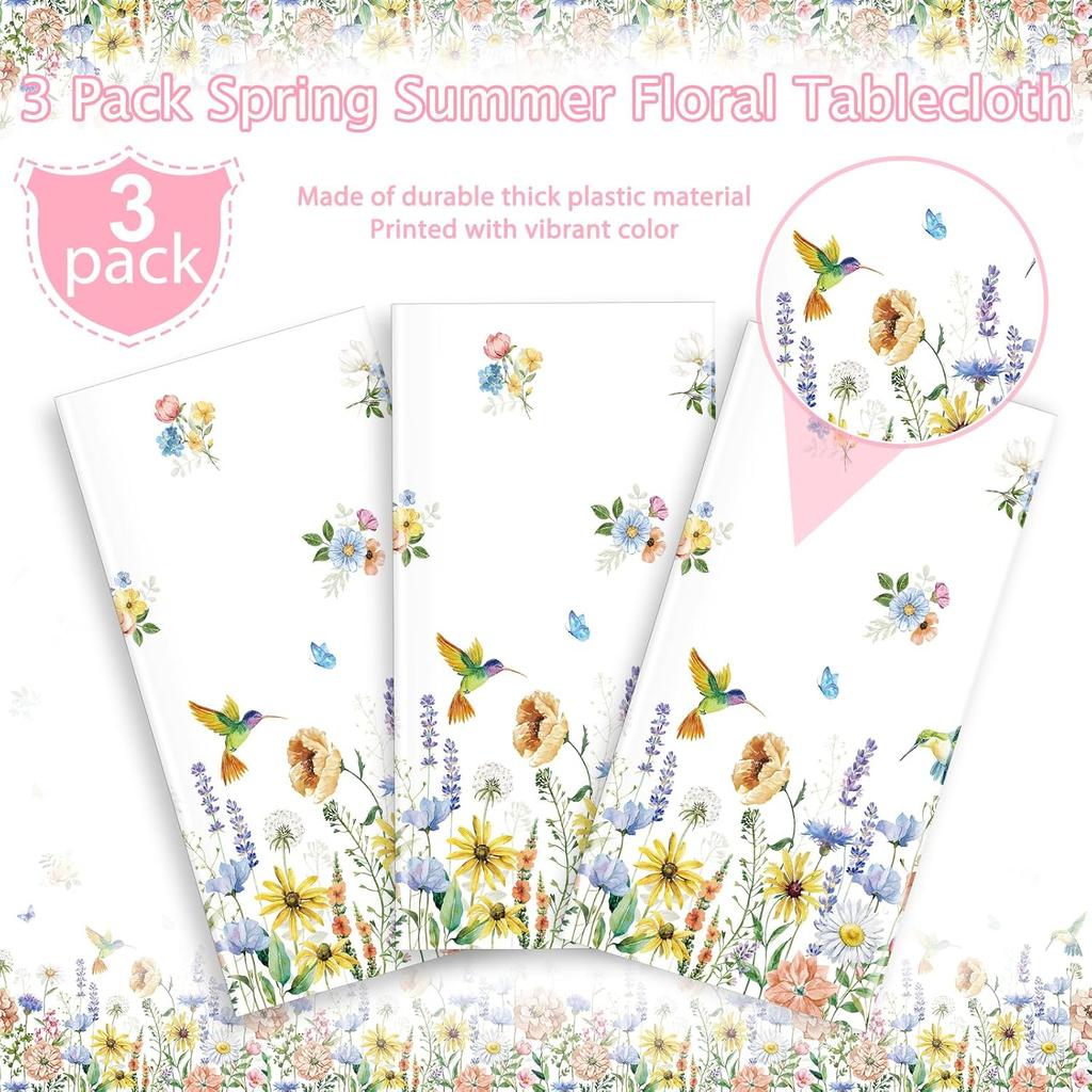 3 Pack Spring Summer Floral Tablecloth Decorations, Wildflower Plastic Disposable Table Cloth, Wild Flower Rectangle Table Cover for Garden Picnic