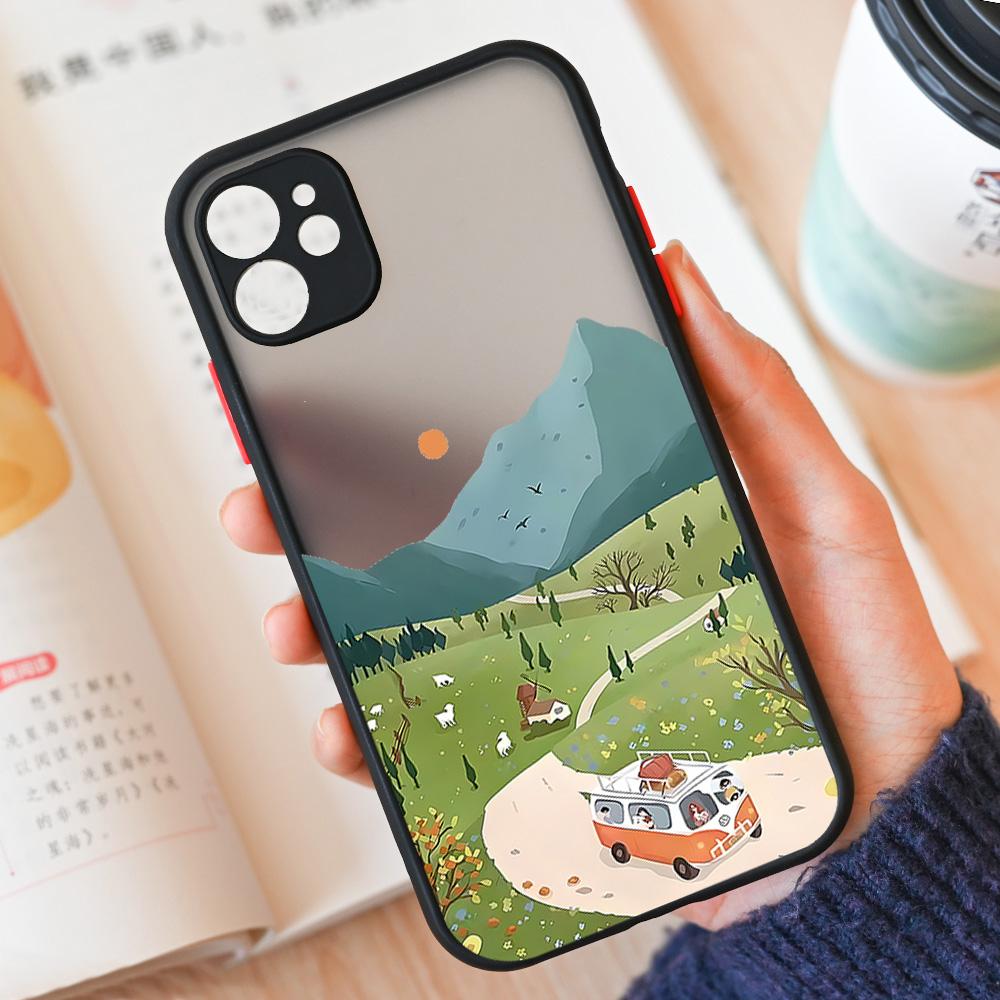 Cartoon Landscape Scenery Phone Case For iPhone 15 14 12 11 13 Pro XS Max 13Mini XR X 8 14Plus SE3 Matte Hard Cover Shell Fundas