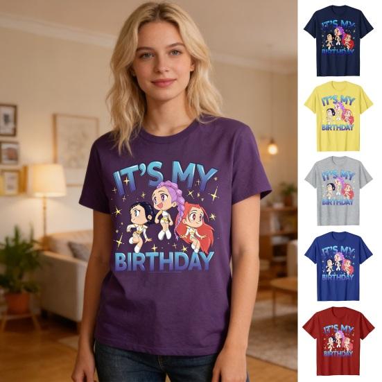 Tee Shirt Round Neck Short Sleeve Cartoon Anime Pattern Women T-shirt Loose Fit