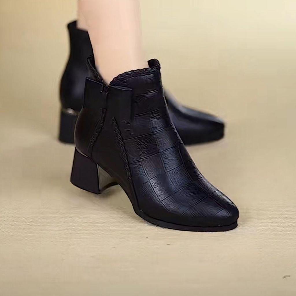 Damen Echtleder Stiefeletten mit spitzer Zehenpartie und Schleife - Herbst/Winter Stil, mit Samt gefüttert, Mid-Calf, Temperament Martin Boots.