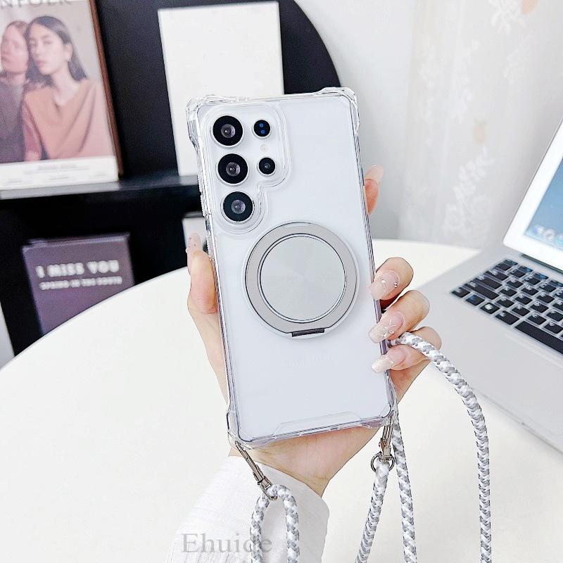 

Lanyard Magnetic Case For iPhone 16E 16 Pro Max 11 12 13 14 Pro 15 Plus XS Max Ring Stand Shockproof Crossbody Strap Clear Cover for iPhone 16 Pro