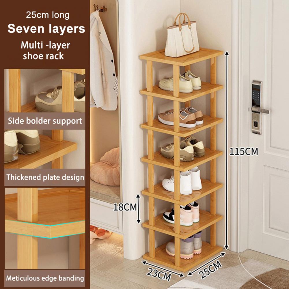 Bamboo Shoes Rack 7 Tiers Vertical Shoe Rack Wood Narrow Shoe Rack Small Shoe Organizer Corner Tall Shoes Shelf Tall Tower