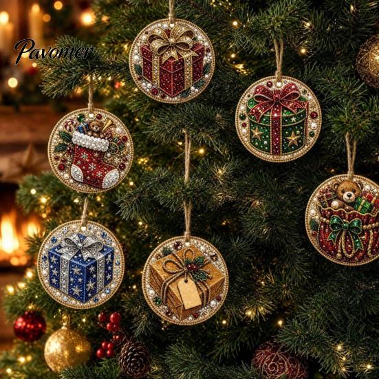 Christmas Faux Pearl Art Kit 6Pcs/Set Ornaments DIY Kit, Hanging Decorations Craft Creative Making with Round Charms Pearls, Holiday Rhinestone