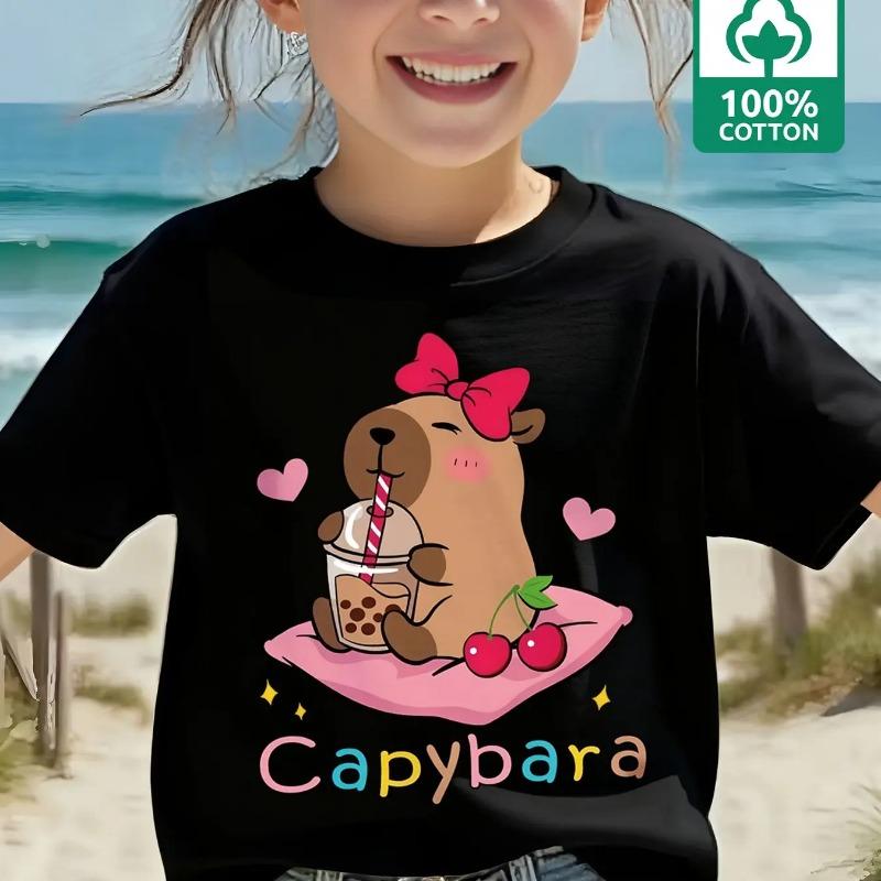 2026 Chic Kids Capybara T-Shirt Sweet Bow & Boba Print 100% Cotton Light Blue
