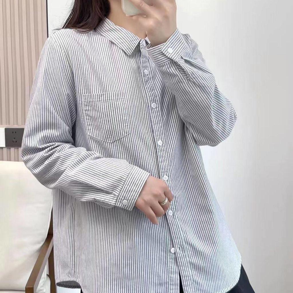 2026 Women's Spring/Autumn College Style White Oxford Shirt with Vertical Stripes – Long Sleeve, Artistic Fresh Trend
