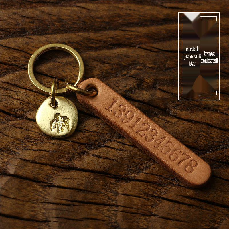Engraved Retro Cowhide Car Keychain with Custom Phone Number Tag