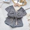 Girls' Summer Striped Bow Two-Piece Set: Short Sleeve Top & Shorts RX911