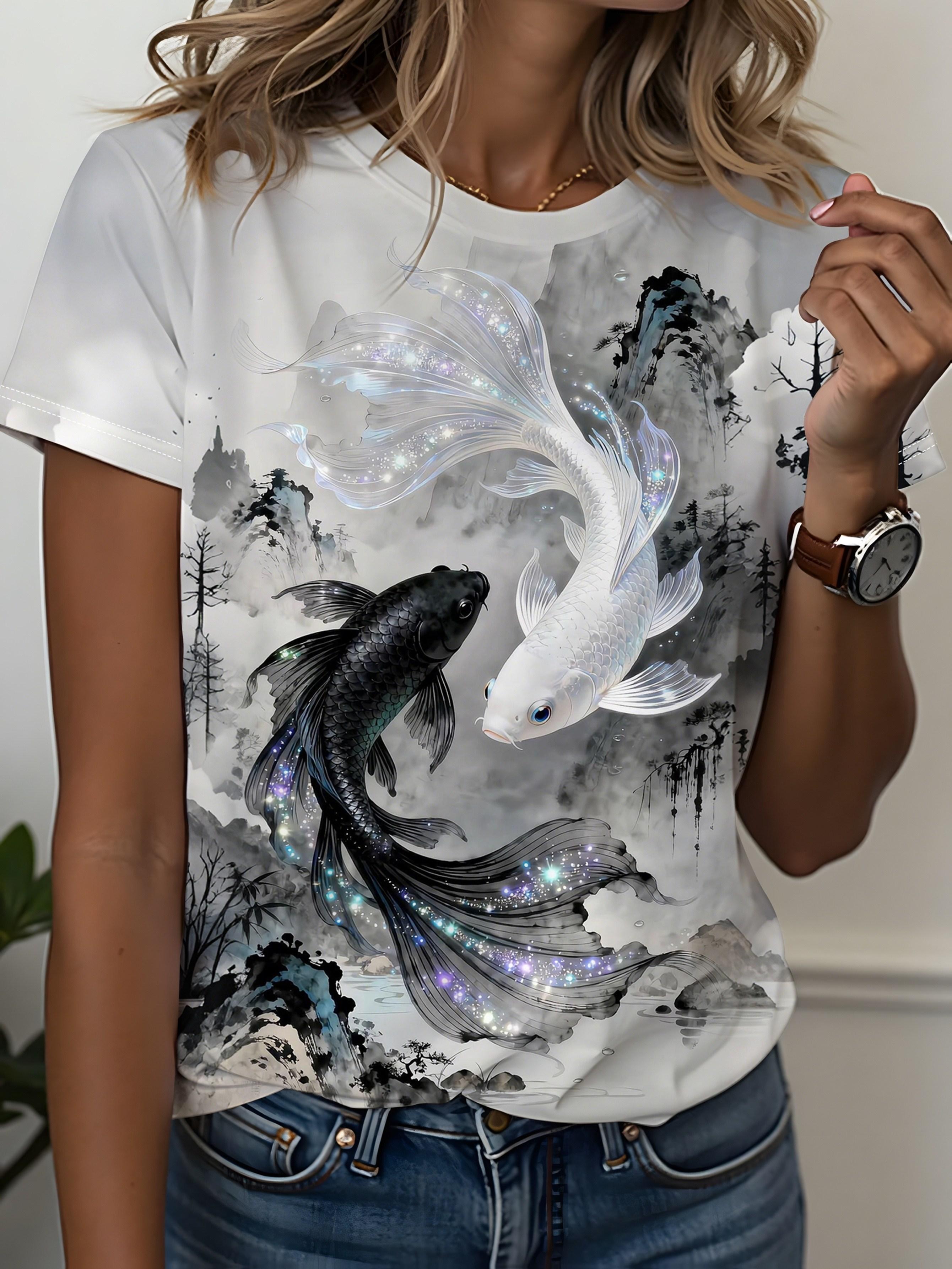 

Print Design - No Texture. Women S White Short-Sleeve T-Shirt. Yin-Yang Koi Print. Chinese Ink Art Pattern. Soft And Comfortable. Suitable for Everyda L дубильна кора