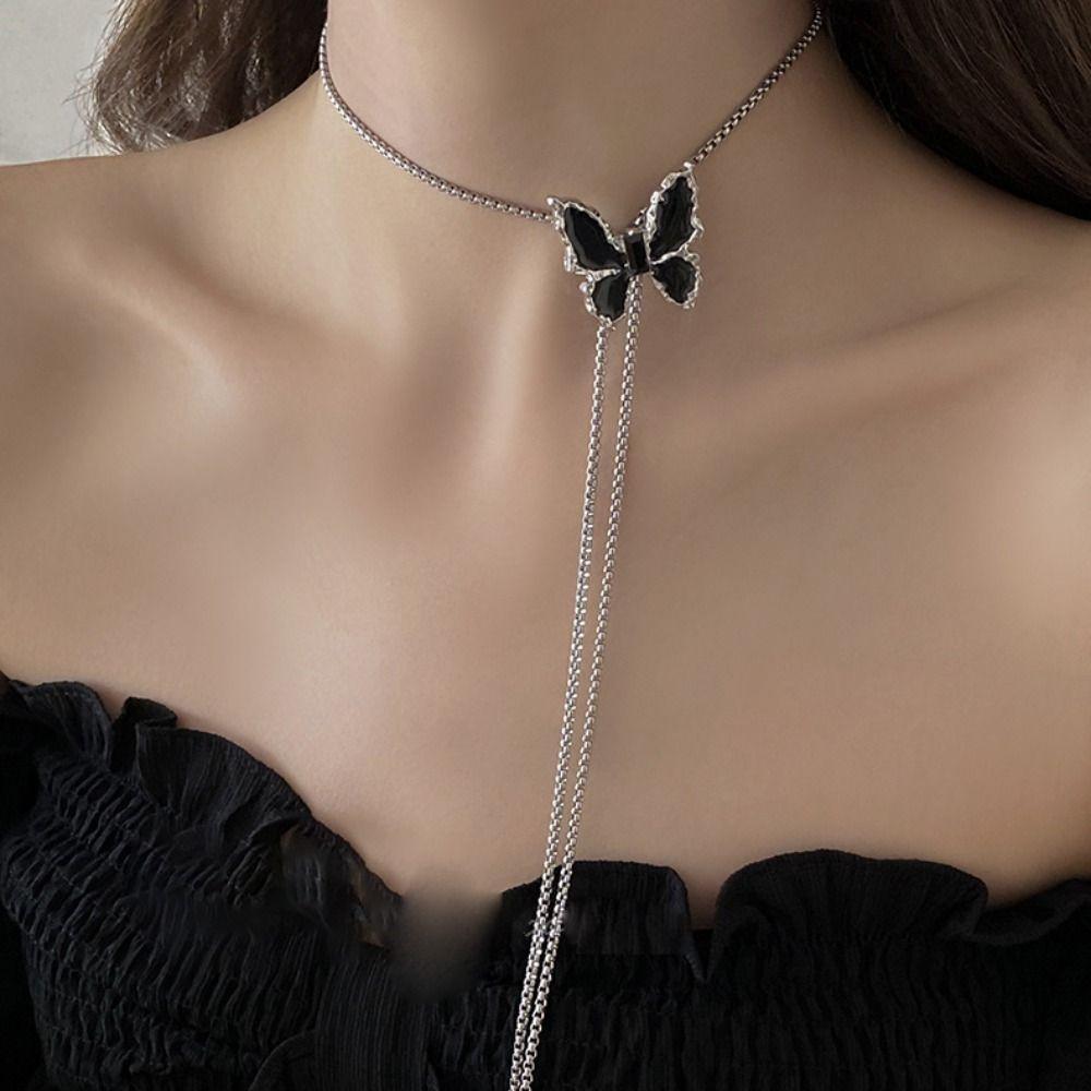 Silver Butterfly Chain Choker Zinc Zinc Alloy Butterfly Clavicle Chain Trendy Black Butterfly Necklace Party