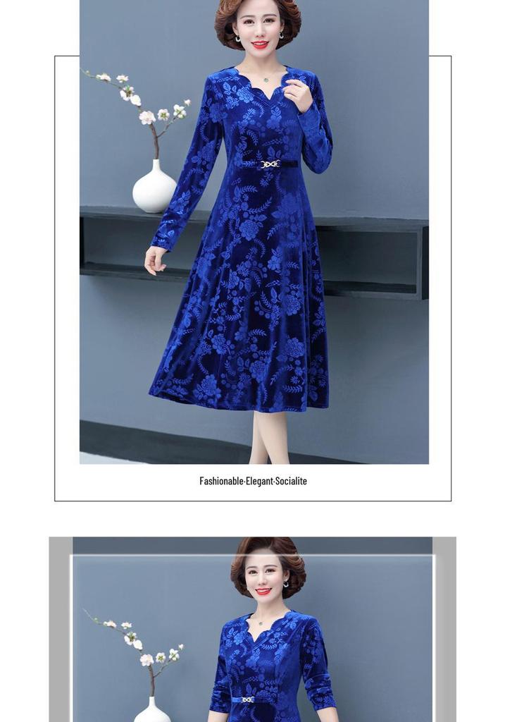 Abito da Donna 2026 Primavera con Rilievo e Scollo a V per Donne di Mezza Età e Anziane - Elegante, alla Moda, Manica Lunga, Gonna ad Ampio Orlo