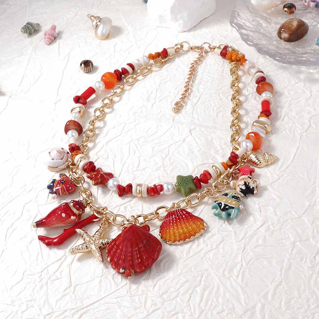 Ocean vacation style niche creative design sense fashion fresh scallop conch pendant double layer stacked necklace