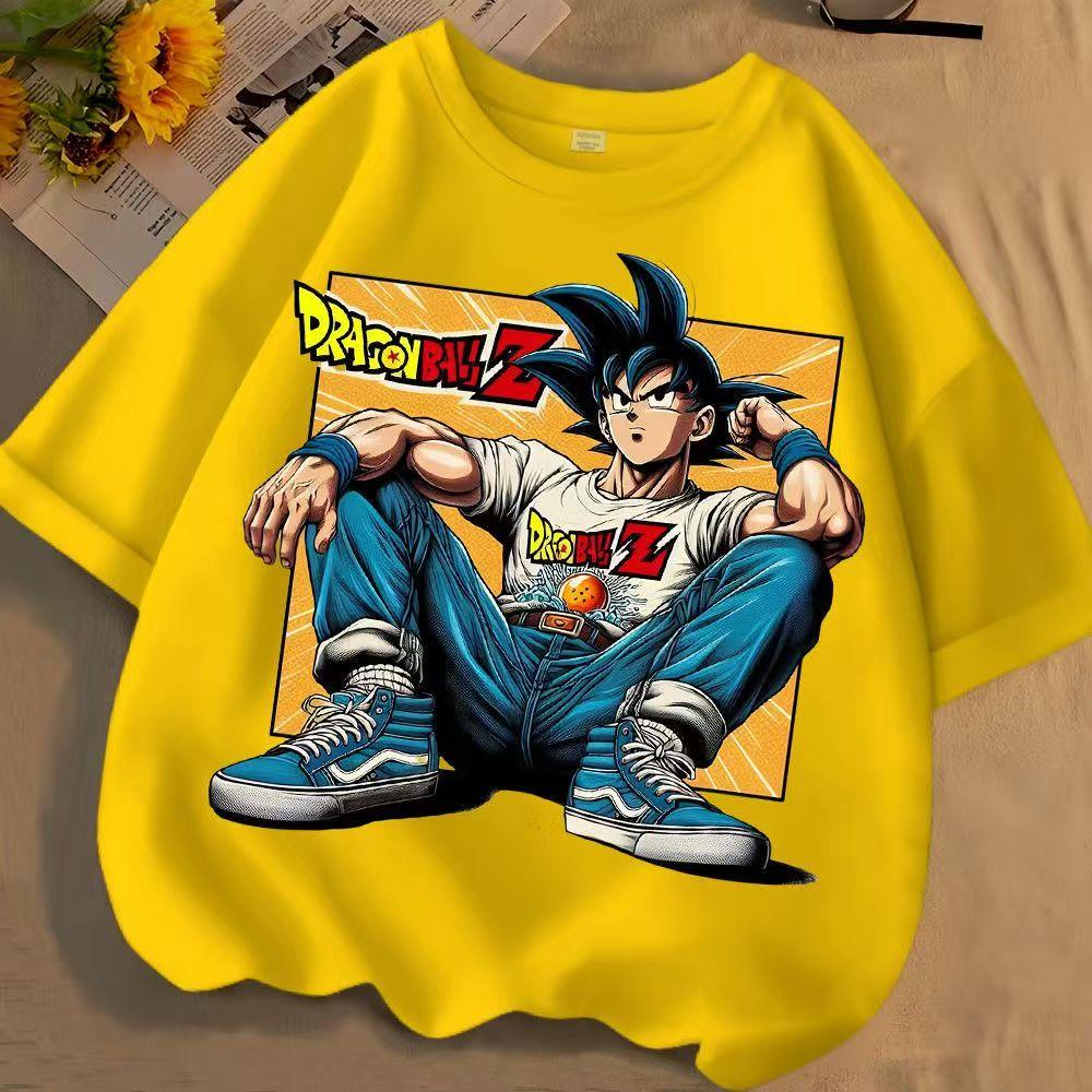Summer Unisex Pure Polyester Crew Neck T-shirt, Dragon Ball Goku Comic Print,Loose Short Sleeve Tops for Middle and Older Children