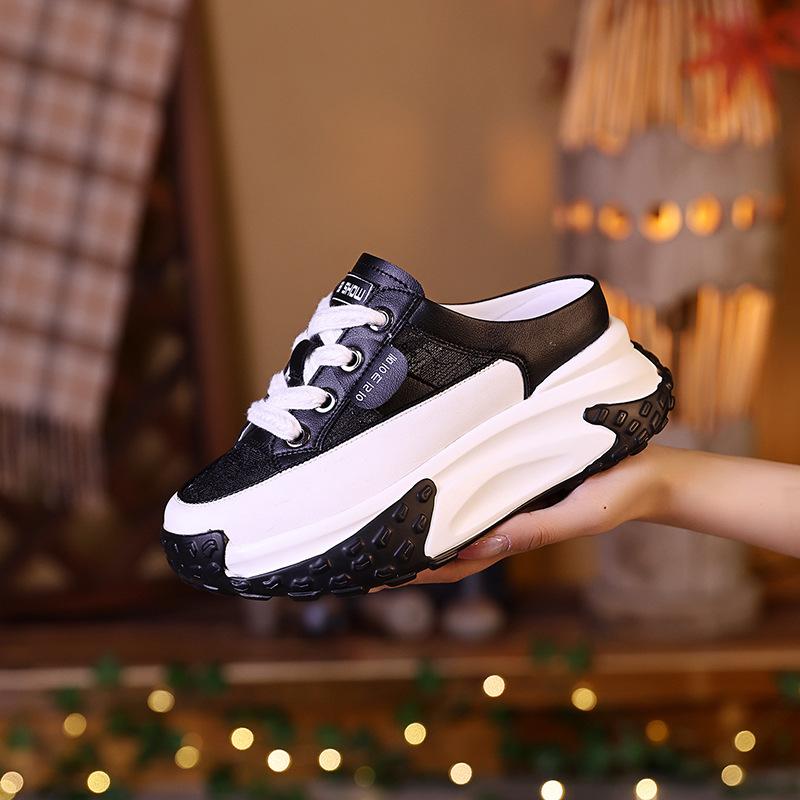 Baotou cool slippers women's outer wear 2025 summer new versatile thick-soled mesh hollowed out half-drag inner height-increasing casual shoes