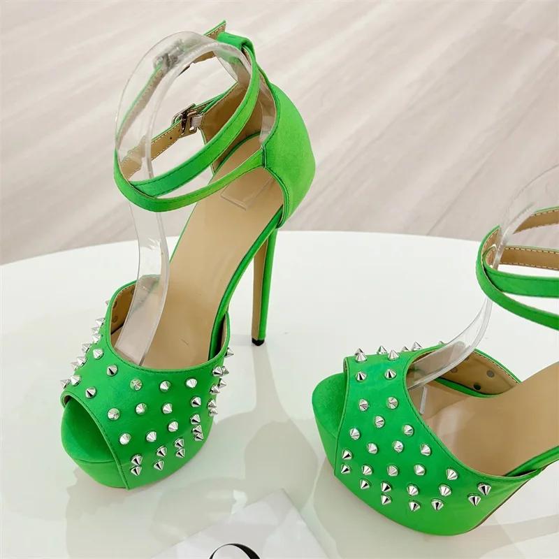 Fashion Eilyken Fashion Green Rivet Platform Buckle Strap Women Pumps Sexy Open Toe Ultra Stiletto High Heels Nightclub Prom Shoes