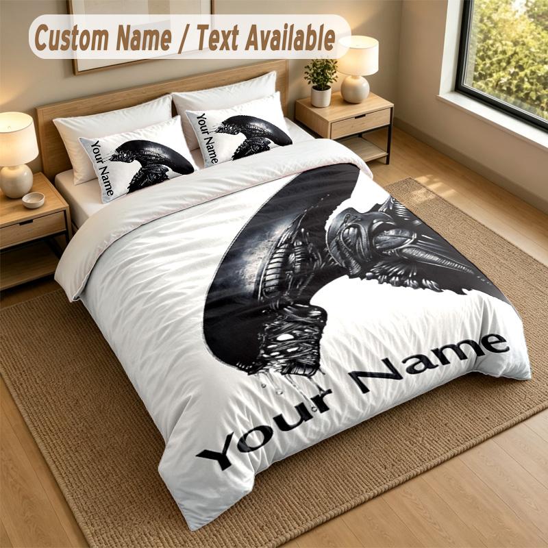 3 Parça Nevresim Takımı Özel İsim Metni, 1 Çarşaf 2 Yastık Kılıfı Ev Yatak DekorasyonuAlien Xenomorph