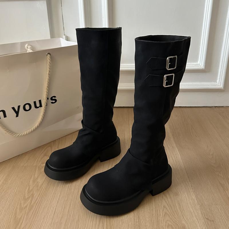 Winter Woman Knigth Knee-High Boots Street Style Thick Sole Belt Buckle Slip On Shoes Vintage Long Booties  De Muje
