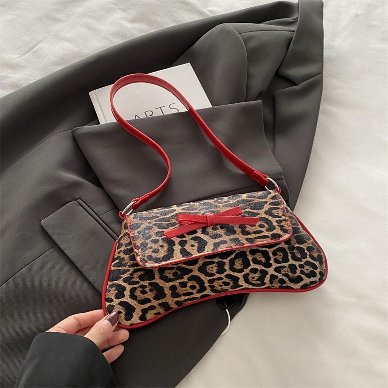 Large Capacity Solid Color Bow Casual Foreign Style New Personalized Retro Fashion Leopard Print Commuter Shoulder Messenger Women's Bag