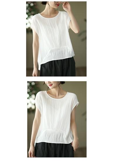Women's Stylish Summer 2026 Solid Color Tencel Shirt - Loose Fit, Round Neck, Short Sleeves