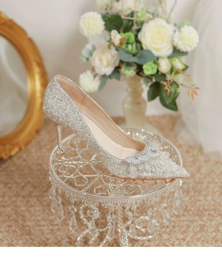 New Sequined Rhinestone Flower High Heels for Bridesmaids, Engagement Shoes, Slim Heels, Non Tiring Feet, Banquet Pumps Shoes