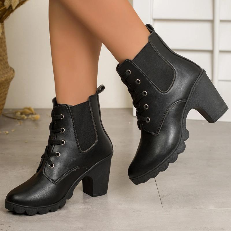 Sexy Lace Up High Heel Ankle Boots Women Autumn Fashion Black Round Toe Chelsea Boots Chunky Platform Women's Boots