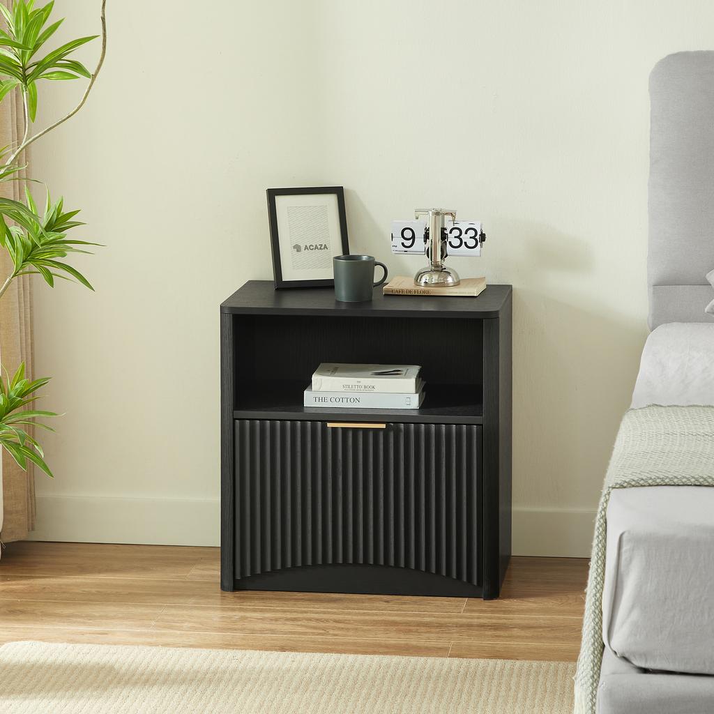 Grooved nightstand with open drawer and gold handles, space-saving, suitable for bedroom and living room, black