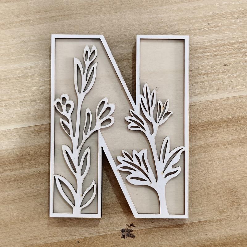 26pcs Wooden Alphabet Letters Wall Decor Set, Engraved Floral Pattern, Home Craft Ornaments, Elegant Display for Living Room