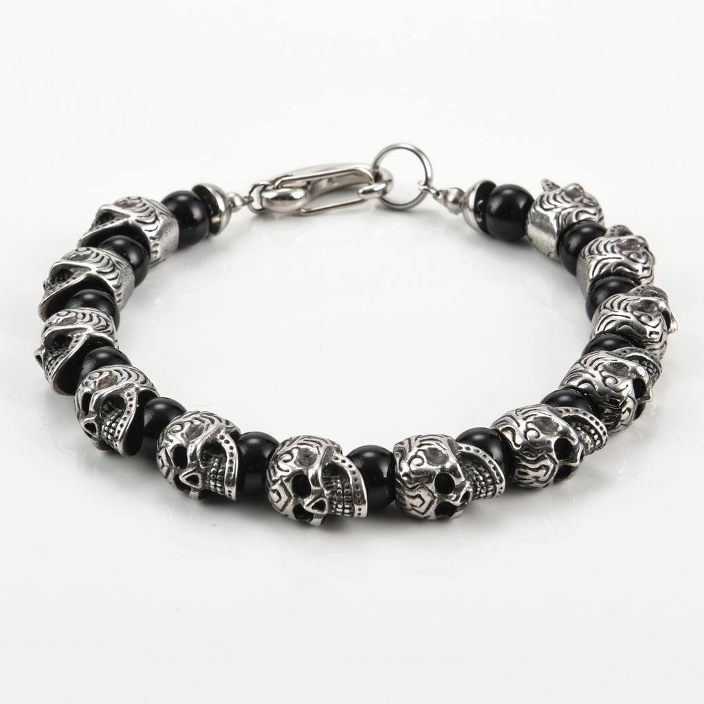 Neu eingeführter Perlenarmband, Neues Armband aus Edelstahl mit Totenkopf, Hochwertiges Armband aus Natursteinperlen