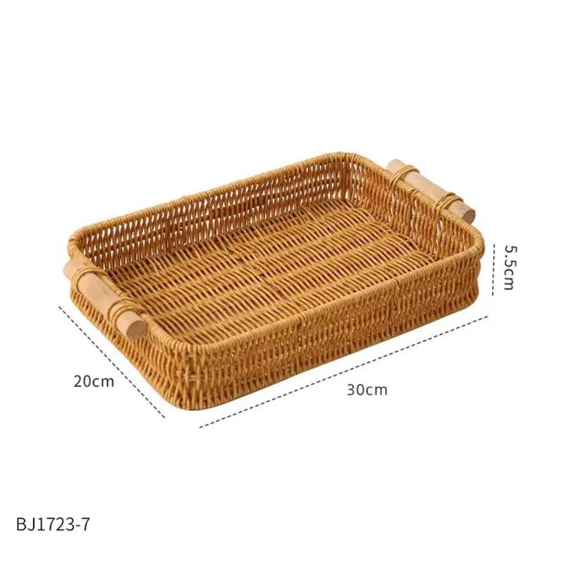 Creative Handmade Woven Rattan Storage Tray Square Wicker Basket Wooden Handle Bread Food Tray Fruit Cake Platter