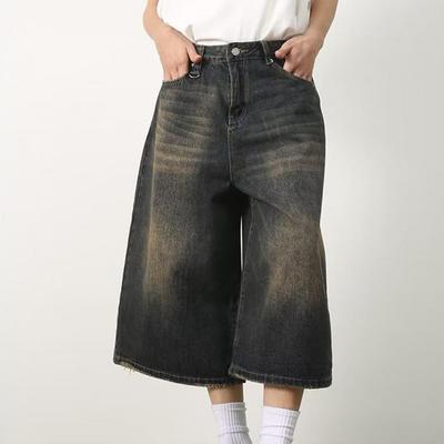 Hommes été jean court mi-hauteur bouton fermeture à glissière Denim pantalon dégradé couleur jambe large pantacourt Streetwear