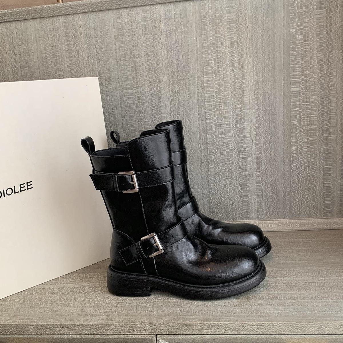 

Decadent button boots autumn and winter new retro pleated thick heel thick sole medium and high boots knight boots short boots 40