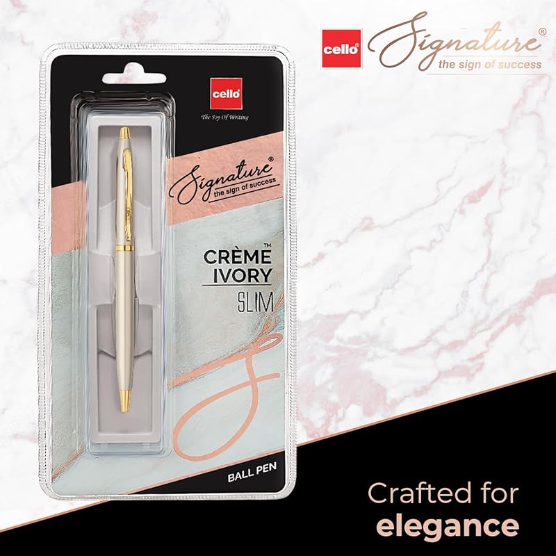 

Cello Signature Crme Ivory Slim Ball Pen|Blue Ink|1 Ball Pen|Ivory and Gold Finish|Premium Metal Pens for Office Use|Sty 11