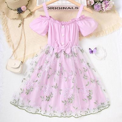 Summer Princess Dress for Children Clothing Girl Pink Lace Embroidery Dress Off-shoulder Straps Bow Mesh Dresses