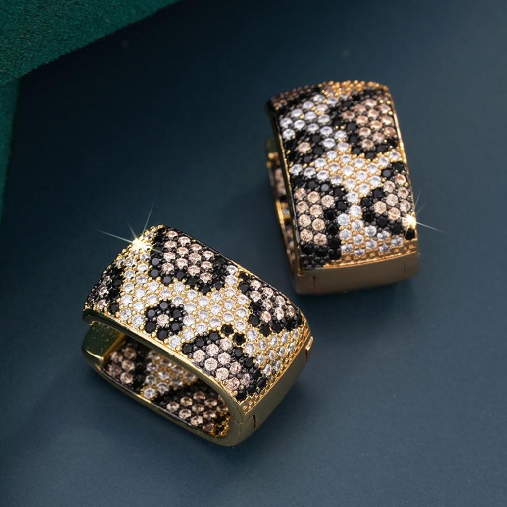 Leopard Print Full Paved Hoop Earrings for Women Trendy Gold Tone Jewelry