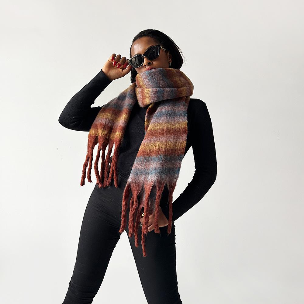 Light luxury fashion scarf colored mohair plaid scarf women's warm shawl