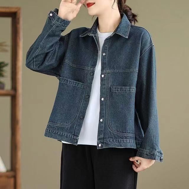 Women's Denim Jacket for Spring and Autumn Hong Kong Style Collar Short Retro Loose Versatile Stylish Casual with Large Pockets Top