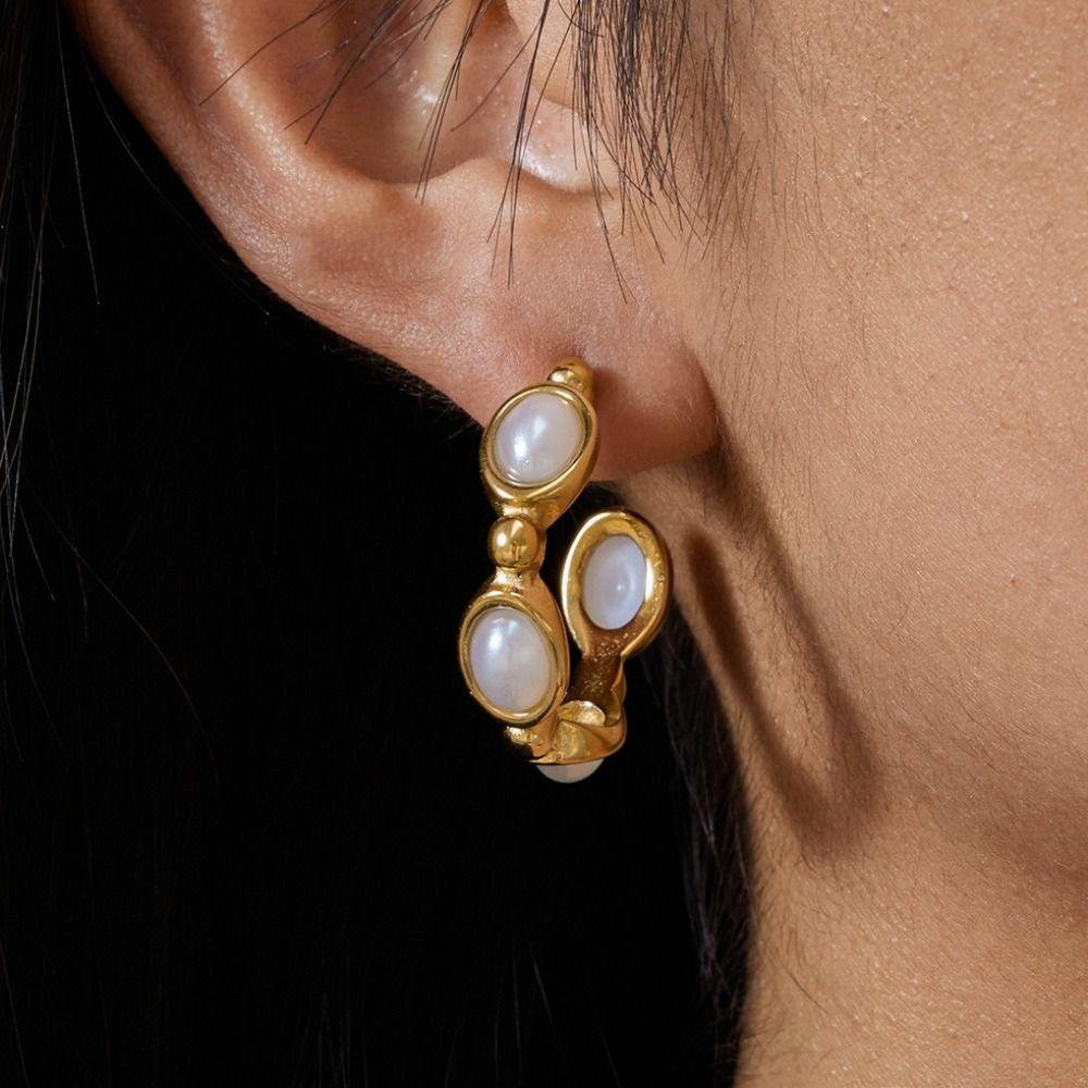 Simulated Pearls Hoop Earrings 18K Gold Color Pearl Earrings C-Shape Earrings  All Occasions