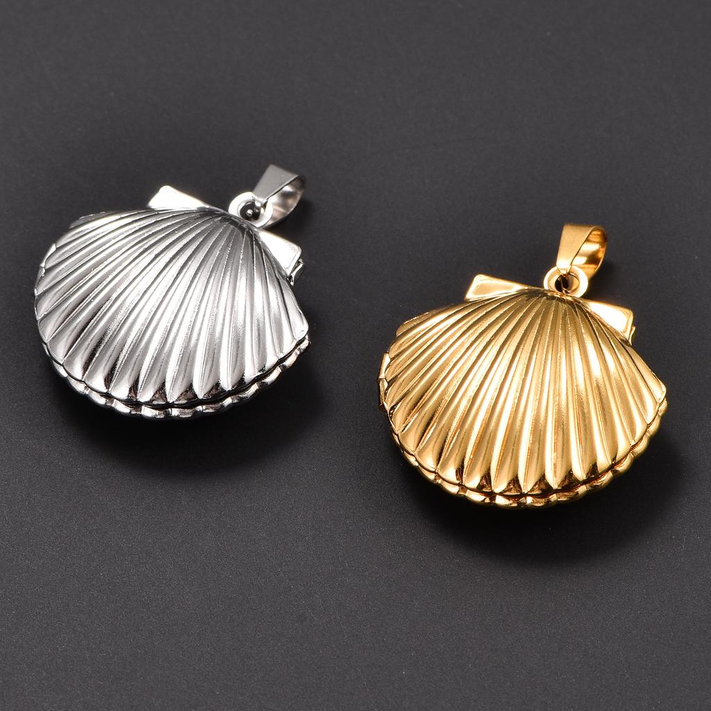 Stainless Steel Seashell Photo Locket Pendant Necklace for Women Men Picture Box Frame Charms Chain Metal DIY Jewelry Accessory