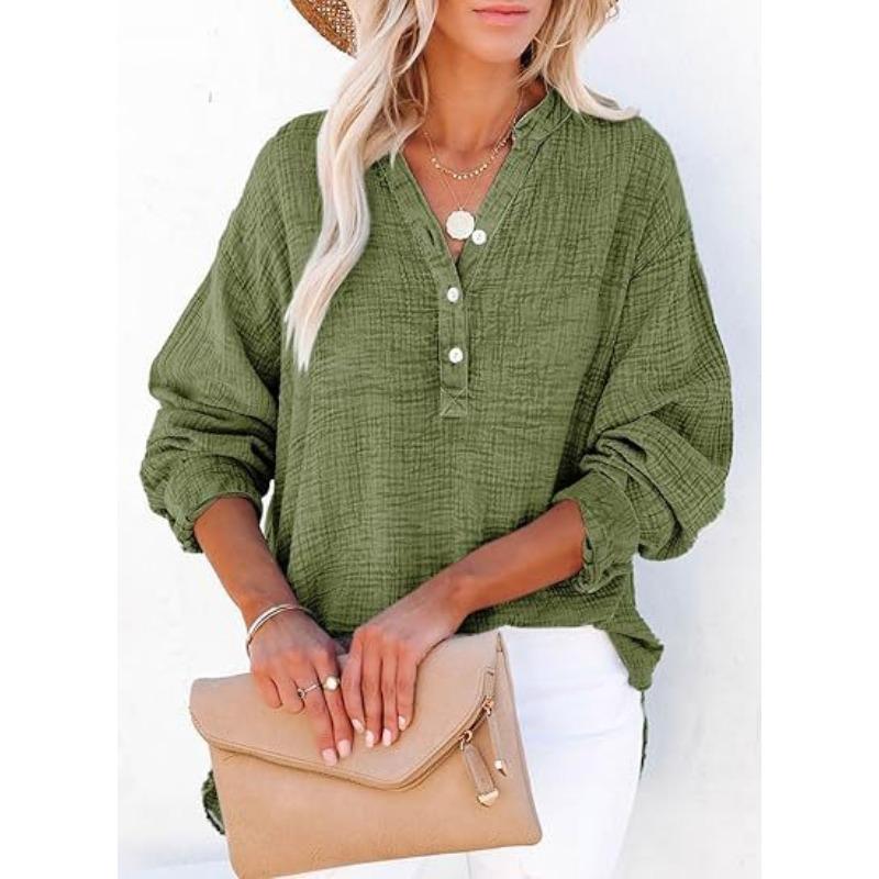 Fashion Long Sleeved Spring Autumn Office Women Shirt Plus Size Pleated Buttons Solid Color Tops Elegant V Neck Casual Simple Blouse Loose Clothing