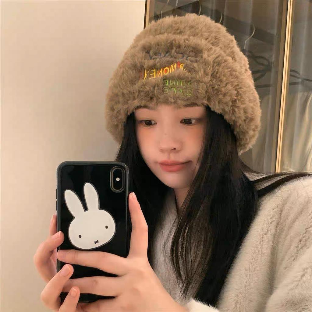 Plush Hat Female Winter Cute Bear Ears Striped Contrasting Color New Sweet Contrasting Color Knitted Wool Hat