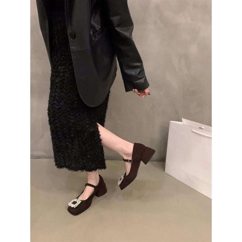Thick Heel High Heels Retro Square Head Rhinestone Mary Jane Small Leather Shoes Women's Shoes Spring Autumn Winter Black Single Shoes