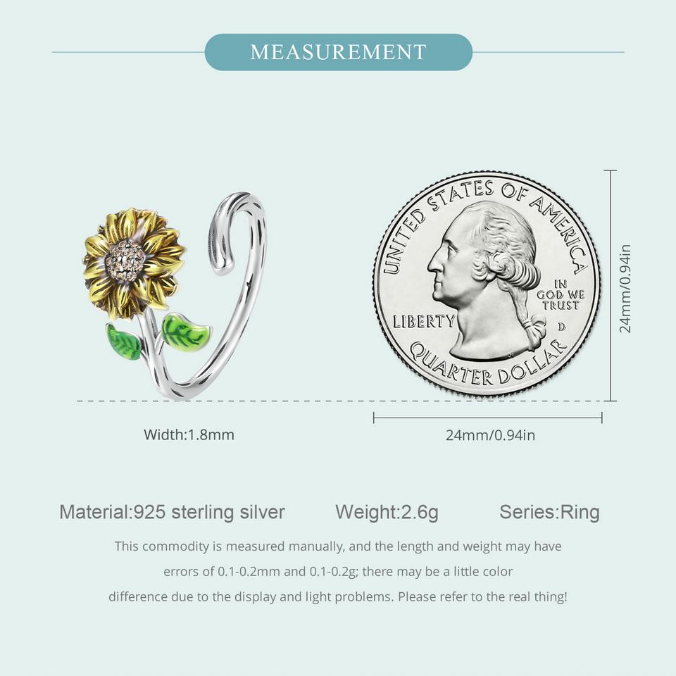 WOSTU Anéis clássicos de abertura de girassol para mulheres, prata esterlina 925, pintura a óleo, flor, zircônia, declaração, presente de festa