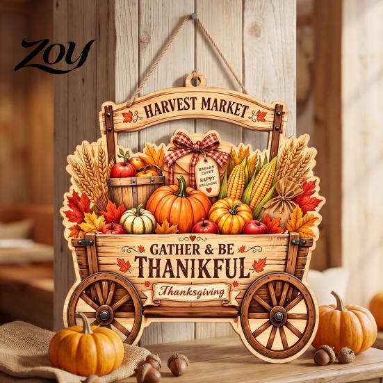 Gift for Friends Family Thanksgiving Front Door Hanging Sign, Pumpkin Turkey Pattern Hanger, Autumn Farmhouse Style Porch Decor Harvest Wall Ornament