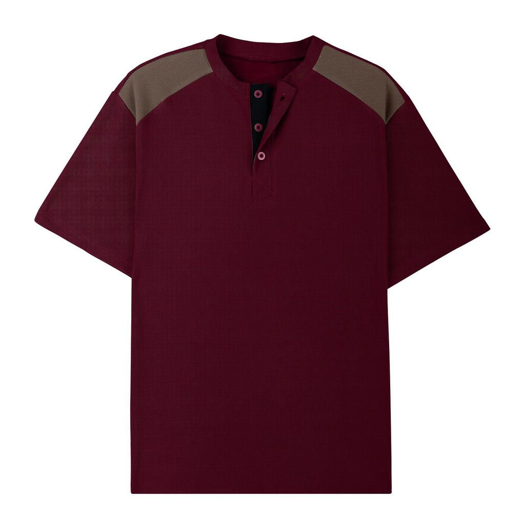 Men Henley Neck Short Sleeve T Shirt with Contrasting Shoulder Panels and Button Placket Casual Fit Top