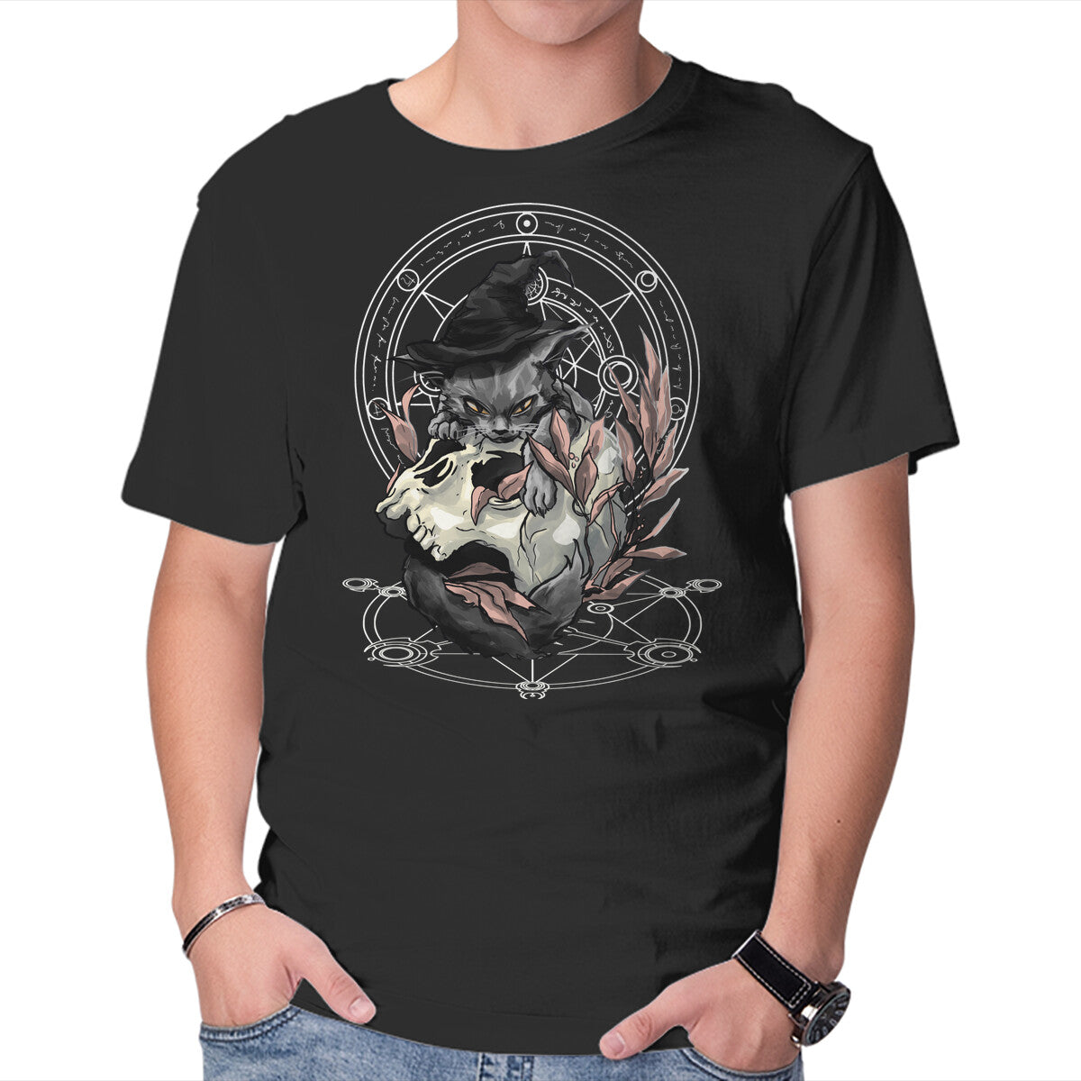 Unisex Crew Neck T-Shirt Black Witch Cat Graphic Short Sleeve Casual Tee XXXL