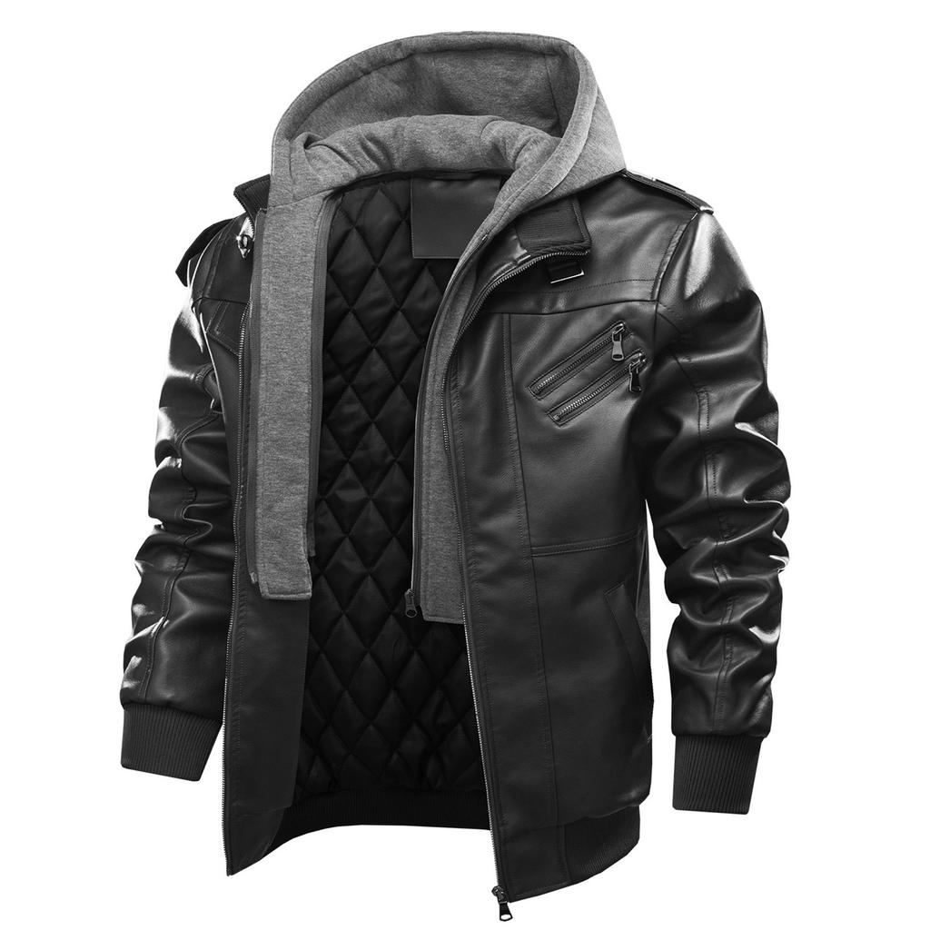 Men's Leisure Motorcycle  Leather Jacket With Cotton Warm Jacket Thickened Detachable Hooded Large Jacket