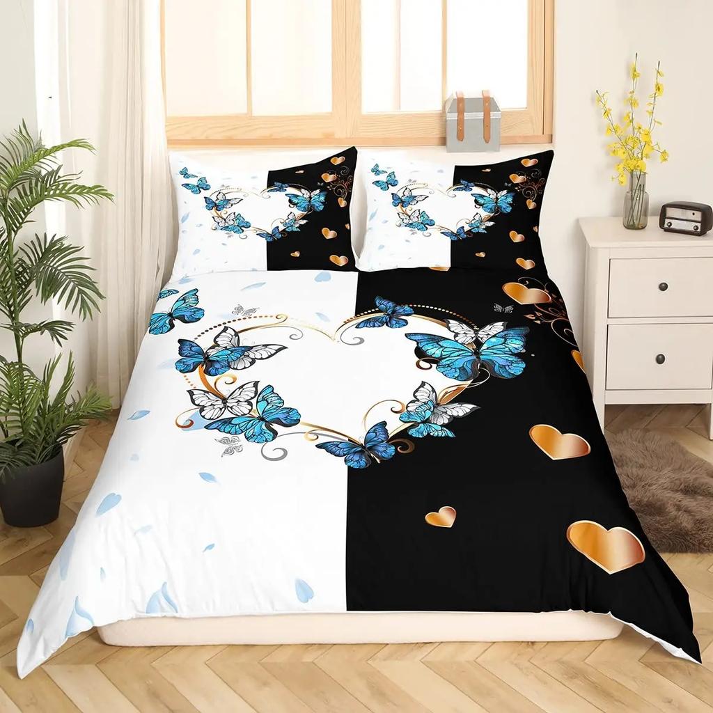 Black And White Duvet Cover Set King And Queen Bedding Set For Couple Romantic Valentine's Day Presents Polyester Duvet Cover