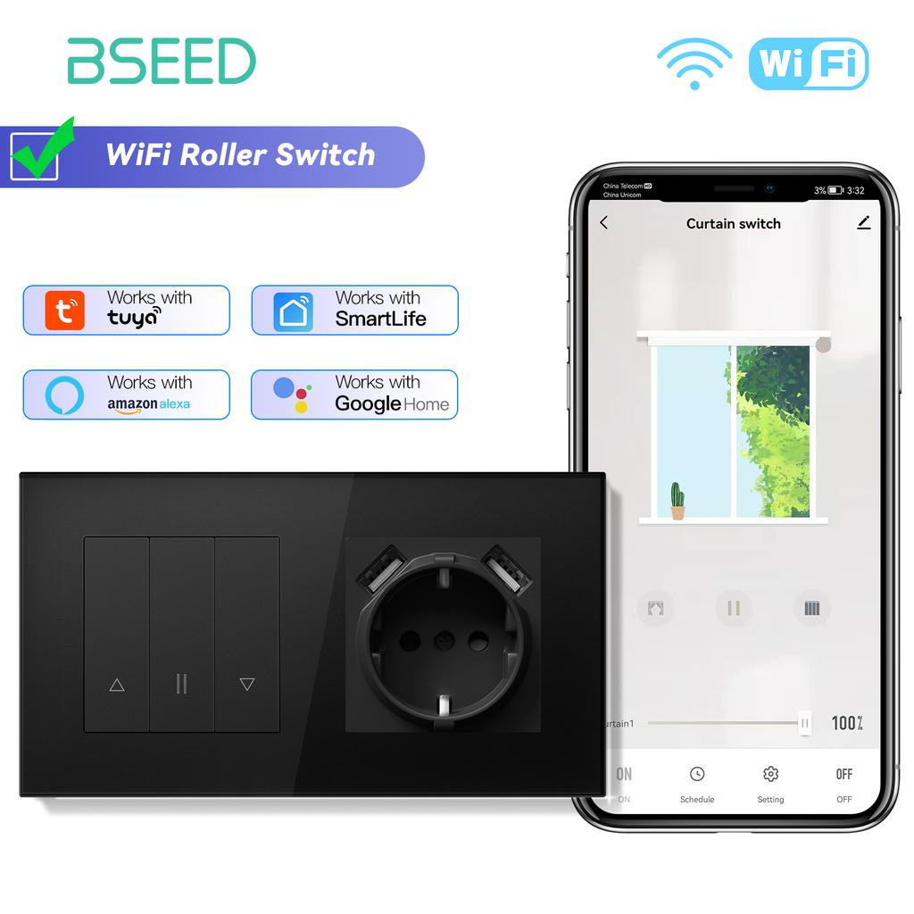 Comutatoare Smart BSEED Wifi pentru Jaluzele Luminoase Controller Jaluzele Suport Aplicație Smart Tuya Plus Prize Electrice Normale UE Panouri de Sticlă USBC