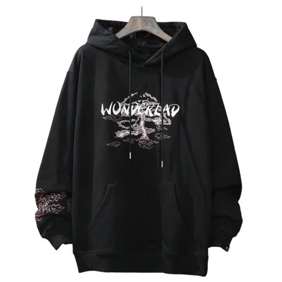 

Мужская толстовка с капюшоном плюс бархатный свободный крой минималистичный универсальный карманный дизайн модный топ с узором на весну и осень 3XL чёрный