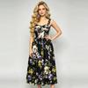 Summer Women Sleeveless V-Neck Midi Long Dress Floral Print High Waist A‑Line Swing Casual Holiday Party Dress